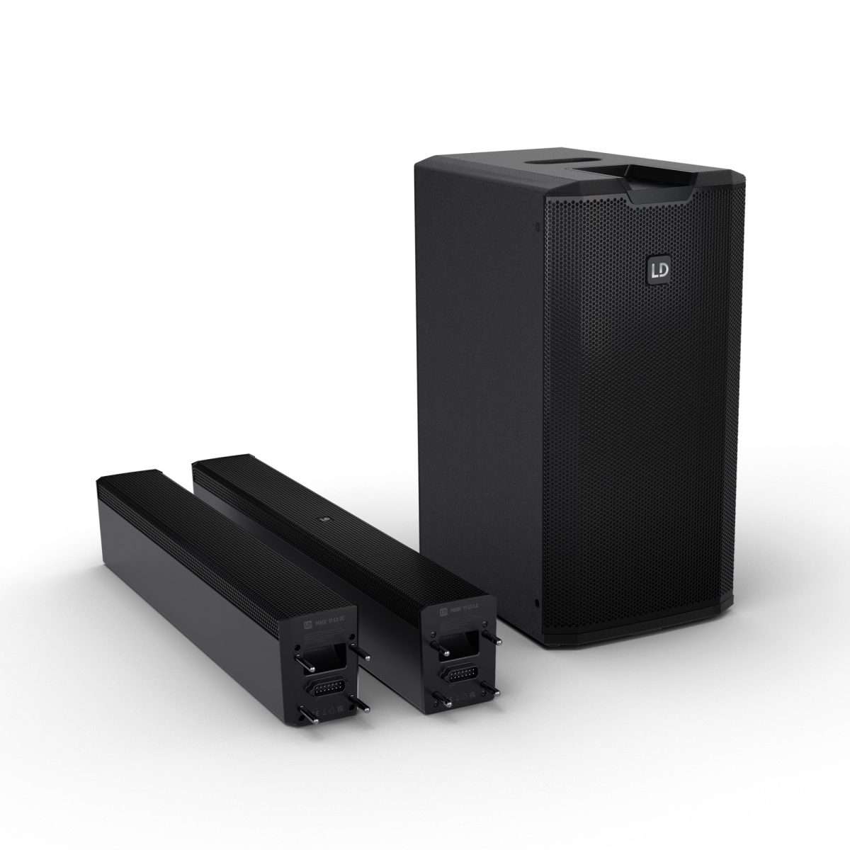 LD SYSTEMS Maui 11 G3 Black con cover originali ex-demo 2 Sistema audio a colonna LD MAUI 11 G3 smontato, mostrando il subwoofer e le sezioni della colonna.