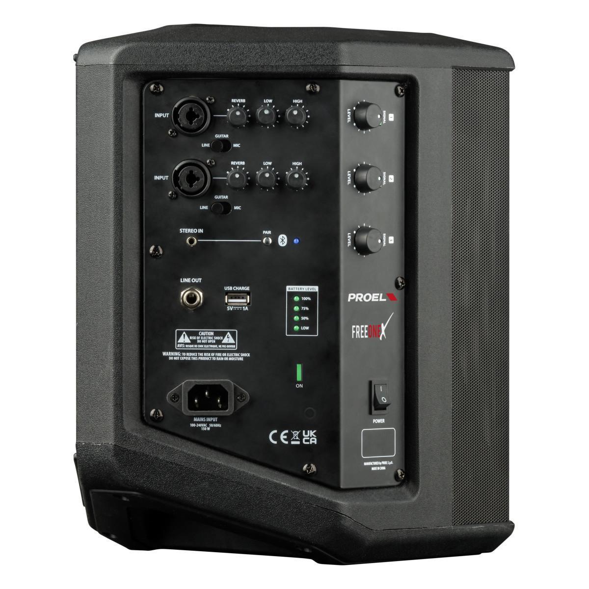 PROEL FreeOneX Diffusore Wireless Bluetooth 2 Vista posteriore del sistema audio Proel FreeOneX, con ingressi e uscite audio, oltre ai controlli di volume e EQ.