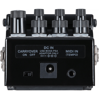 BOSS SDE-3 3 Retro del pedale Boss SDE-3 con dettagli sulle connessioni DC, MIDI e switch Carryover.