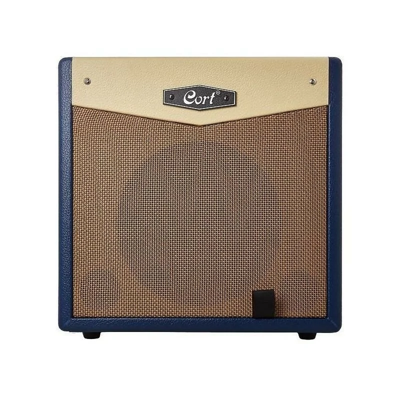 Cort CM15R DB 1 Amplificatore per chitarra Cort CM15R con design vintage in blu e crema, vista frontale con griglia altoparlante in tessuto e logo Cort in evidenza.