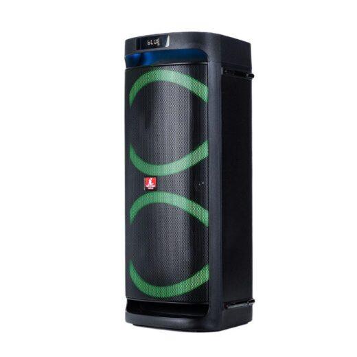cassa amplificata Audiodesign DJ 206 con luci LED verdi e display Bluetooth acceso.