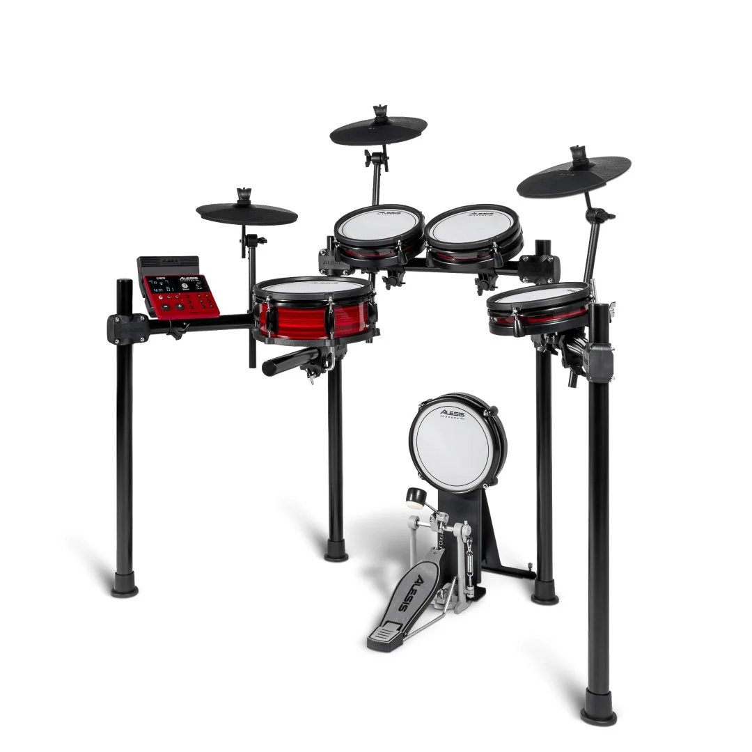 ALESIS Nitro Pro Kit 7 vista frontale della batteria elettronica Alesis Nitro Pro Kit montata su rack in metallo.