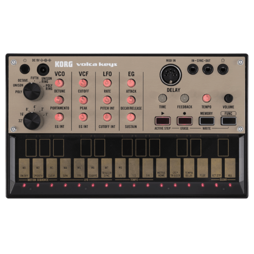 Sintetizzatore analogico Korg Volca Keys con pannello comandi, tastiera touch e controlli delay