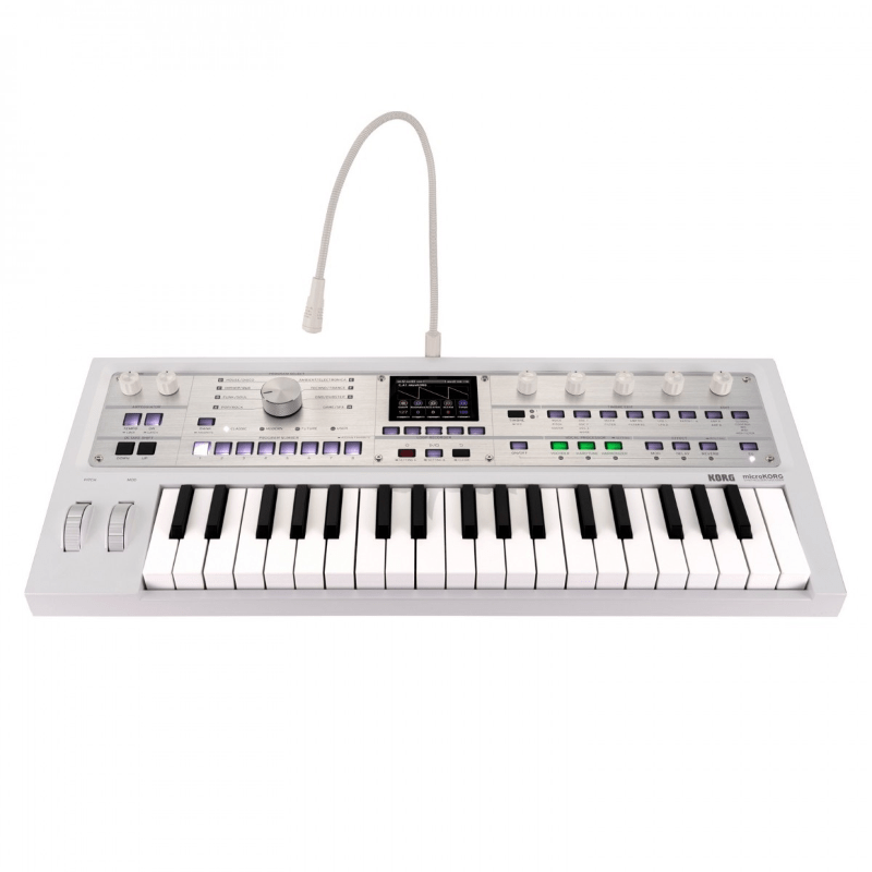 KORG microKORG 2 White 1 Sintetizzatore Korg microKORG con tastiera, display, controlli e microfono a collo d’oca, vista frontale