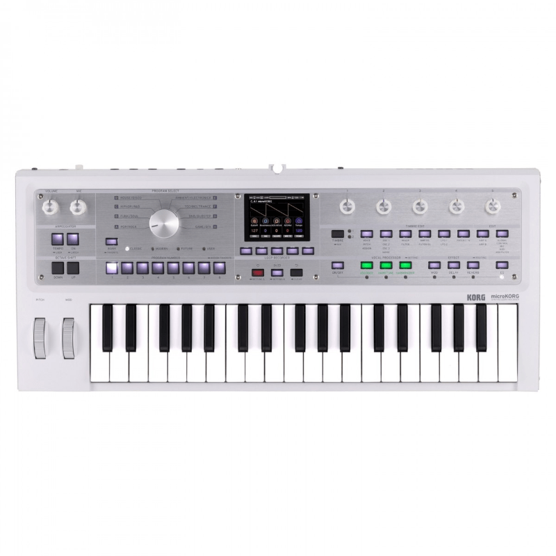 KORG microKORG 2 White 4 Vista dall’alto del sintetizzatore Korg microKORG con tastiera, display, manopole e pulsanti