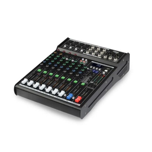 Offshore MIX10USB mixer analogico a 7 canali con fader, ingressi XLR, controlli EQ e sezione effetti digitali