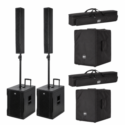 Coppia RCF EVOX 12 line array attivi con due subwoofer, colonne sonore e cover originali per il trasporto