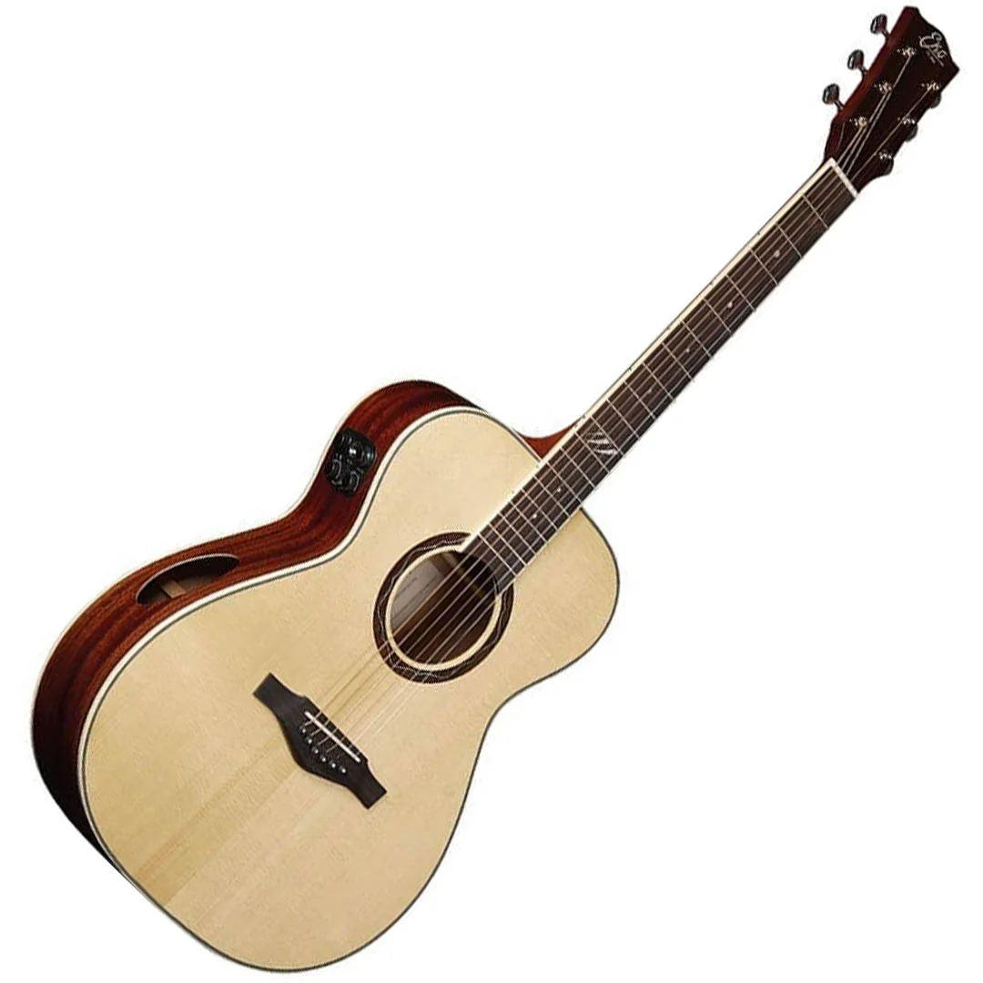 EKO TRI A300e 1 EKO TRI A300e chitarra acustica elettrificata vista frontale con elettronica integrata e apertura laterale